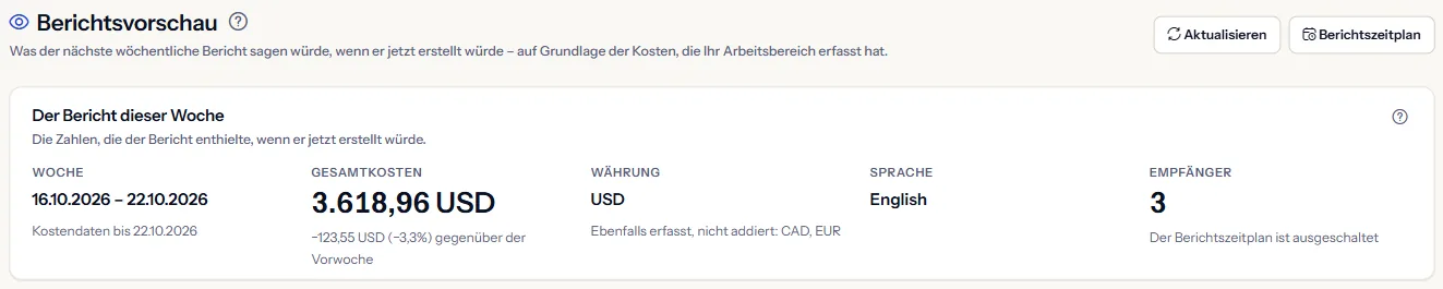 Der obere Teil der Seite Berichtsvorschau: die Überschrift und der Bericht dieser Woche mit Woche, Datum der neuesten Kostendaten, Gesamtkosten und Veränderung zur Vorwoche, Währung mit den genannten anderen Währungen, Sprache und Empfängern.