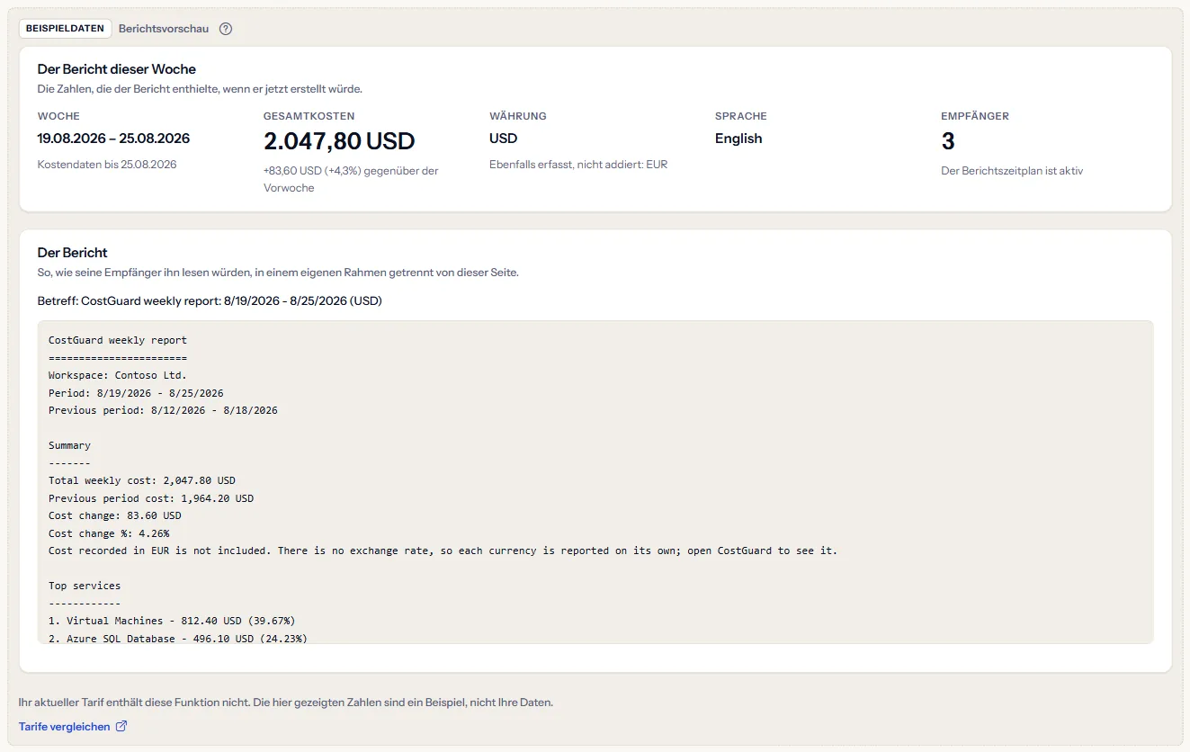 Die Seite Berichtsvorschau als gekennzeichnetes Beispiel: die Kennzeichnung als Beispieldaten, der Satz zum Tarif, ein Link zum Tarifvergleich und eine Contoso-Woche in US-Dollar mit Zahlen und dem Text ihres Berichts.