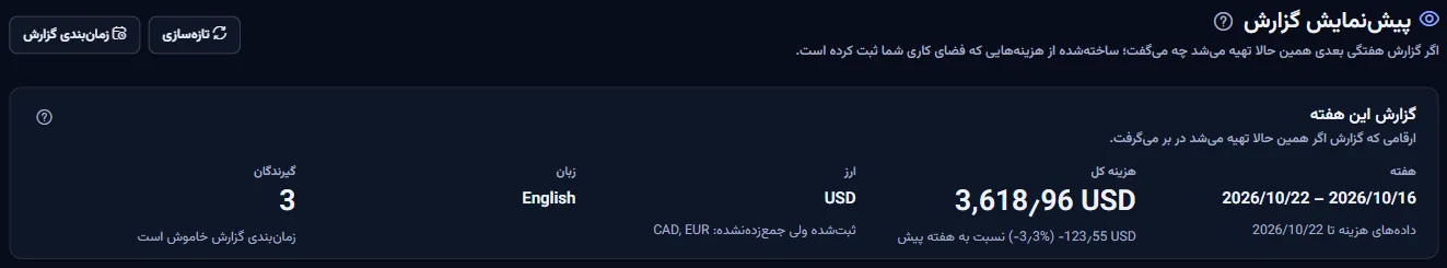 بالای صفحهٔ پیش‌نمایش گزارش: عنوان و گزارش این هفته با هفته، تاریخ آخرین دادهٔ هزینه، هزینهٔ کل و تغییرش نسبت به هفتهٔ قبل، ارز همراه با نام ارزهای دیگر، زبان و گیرندگان.