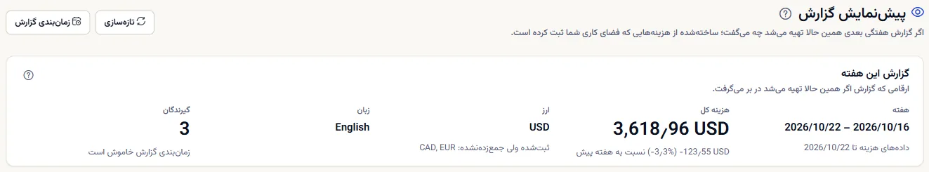 بالای صفحهٔ پیش‌نمایش گزارش: عنوان و گزارش این هفته با هفته، تاریخ آخرین دادهٔ هزینه، هزینهٔ کل و تغییرش نسبت به هفتهٔ قبل، ارز همراه با نام ارزهای دیگر، زبان و گیرندگان.
