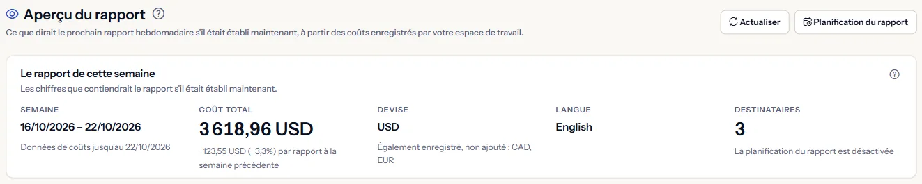 Le haut de la page Aperçu du rapport : le titre et le rapport de cette semaine avec sa semaine, la date des dernières données de coût, le coût total et son évolution par rapport à la semaine précédente, la devise avec les autres devises nommées, la langue et les destinataires.