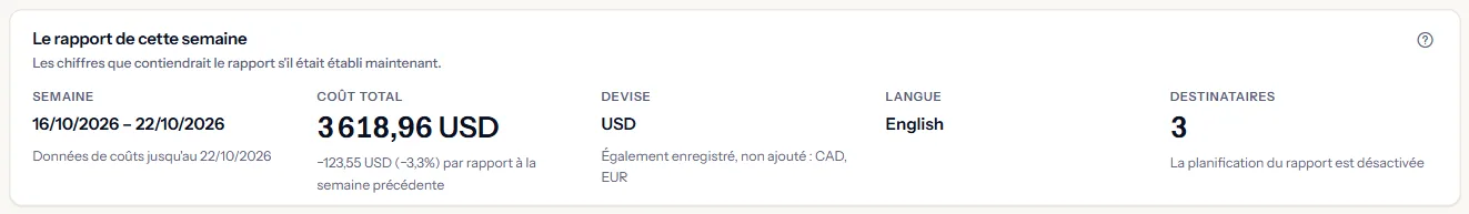 Le rapport de cette semaine : la semaine avec la date des dernières données de coût, le coût total avec son évolution par rapport à la semaine précédente, la devise avec les autres devises enregistrées nommées, la langue et le nombre de destinataires avec l'état de la planification.