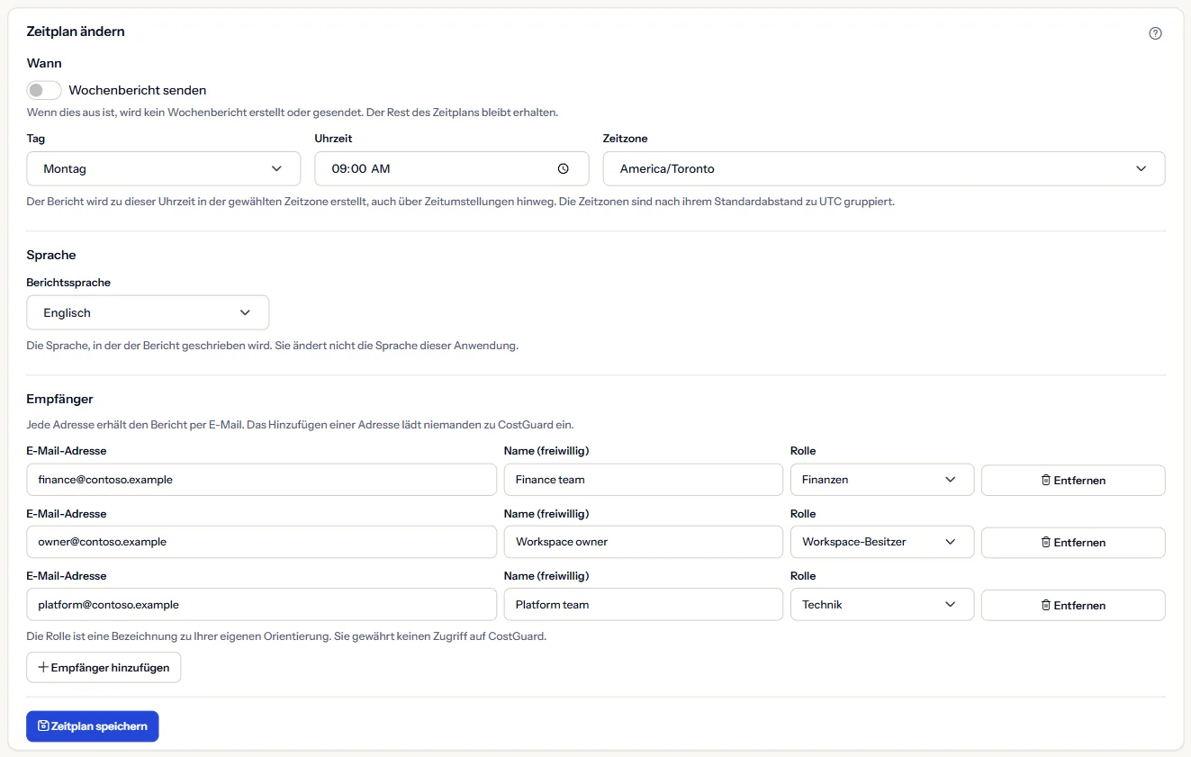 Das Formular zum Ändern des Zeitplans: der Schalter für den Wochenbericht, Tag, Uhrzeit und Zeitzone, die Berichtssprache, die Empfängerliste mit E-Mail-Adresse, Name und Rolle und die Schaltfläche zum Speichern.
