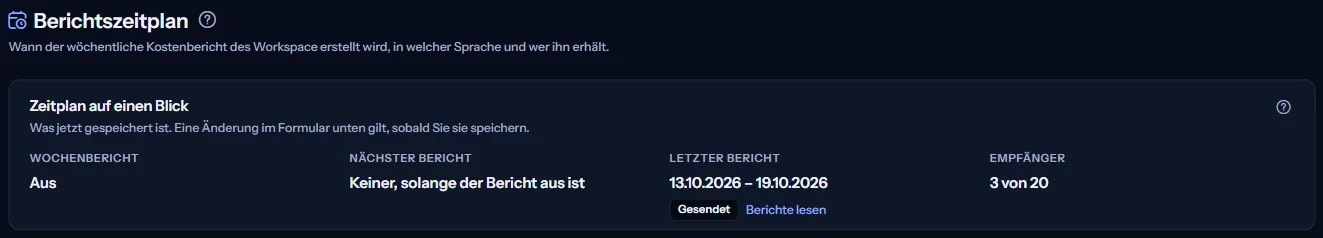 Der obere Teil der Seite Berichtszeitplan: die Überschrift und der Zeitplan auf einen Blick, mit ausgeschaltetem Wochenbericht, keinem nächsten Bericht, solange er aus ist, dem neuesten Bericht mit Woche und Status und drei von zwanzig Empfängern.