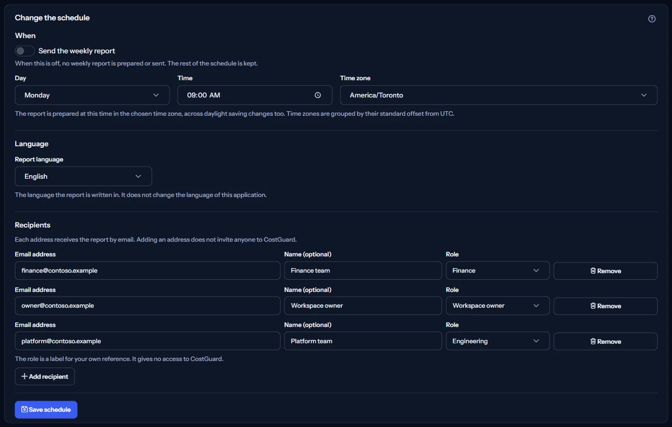 The Change the schedule form: the Send the weekly report switch, the day, time and time zone, the report language, the list of recipients with their email address, name and role, and the Save schedule button.