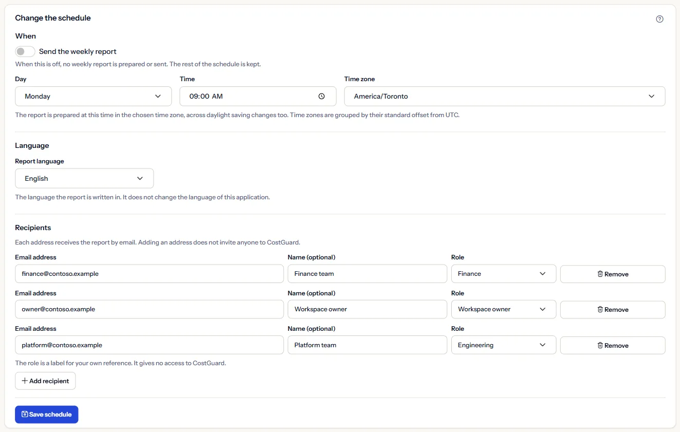 The Change the schedule form: the Send the weekly report switch, the day, time and time zone, the report language, the list of recipients with their email address, name and role, and the Save schedule button.