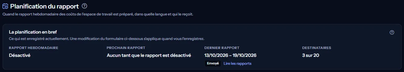 Le haut de la page Planification du rapport : le titre et la planification en bref, avec le rapport hebdomadaire désactivé, aucun prochain rapport tant qu'il est désactivé, le dernier rapport avec sa semaine et son statut, et trois destinataires sur vingt.