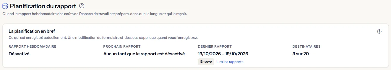 Le haut de la page Planification du rapport : le titre et la planification en bref, avec le rapport hebdomadaire désactivé, aucun prochain rapport tant qu'il est désactivé, le dernier rapport avec sa semaine et son statut, et trois destinataires sur vingt.