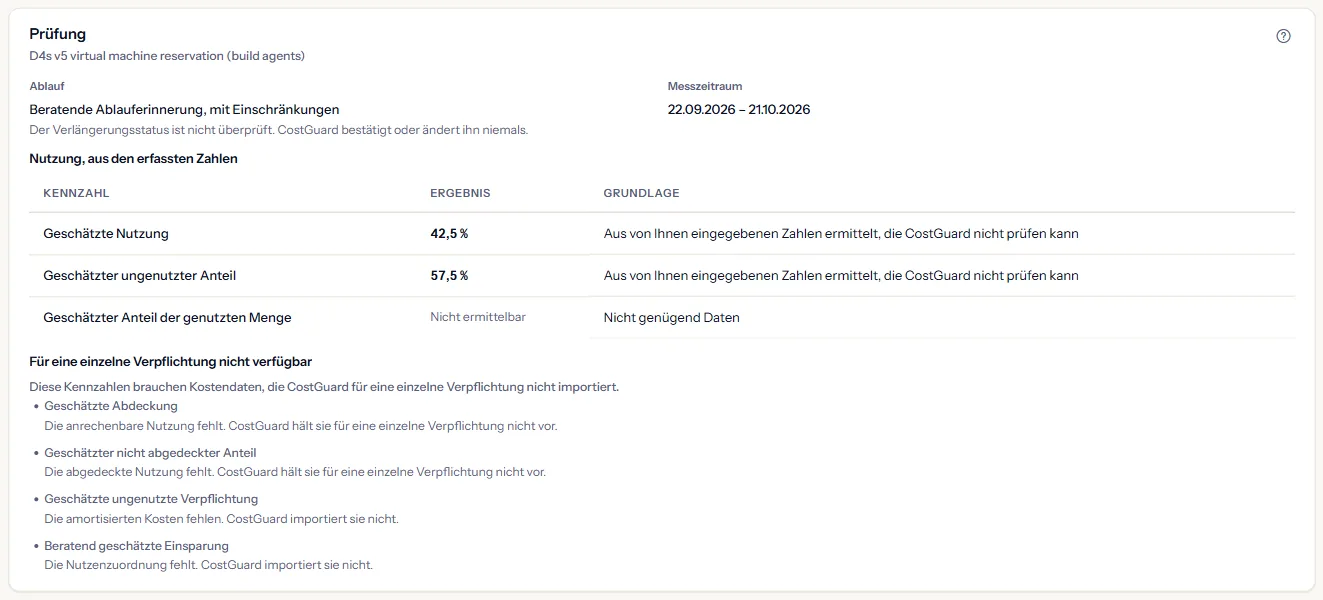 Die Prüfung einer Verpflichtung: ihr Ablauf, der Messzeitraum, die aus den erfassten Zahlen berechnete Nutzung und die nicht verfügbaren Kennzahlen.