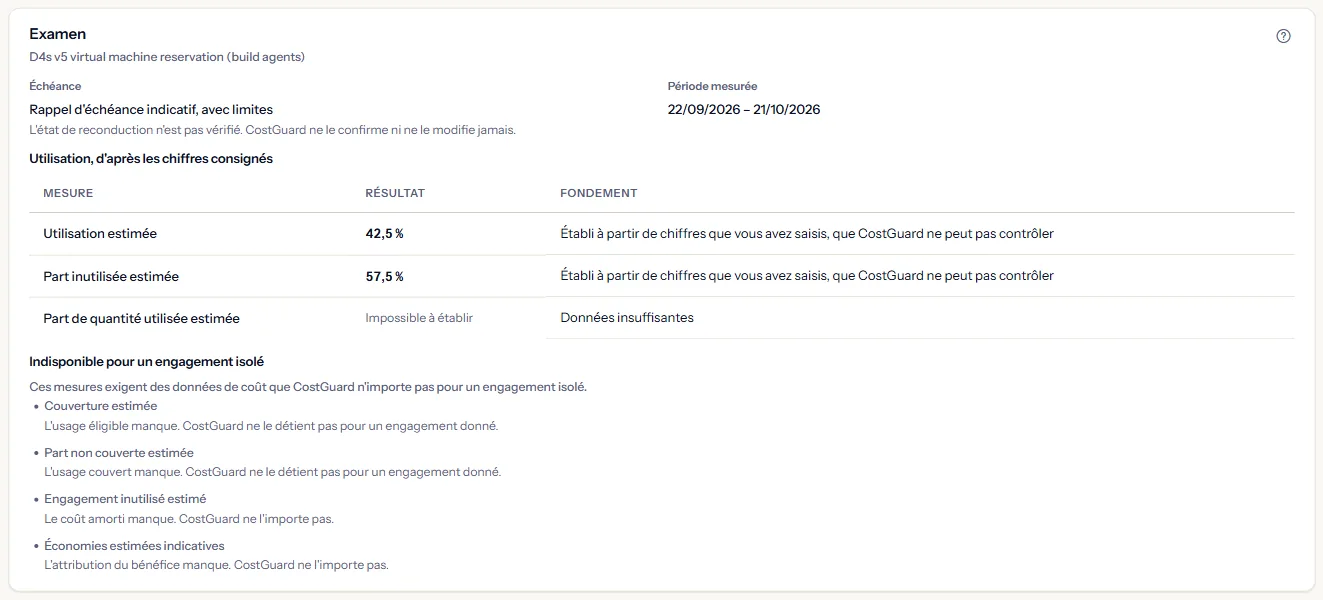 L'examen d'un engagement : son échéance, la période mesurée, l'utilisation calculée à partir des chiffres notés, et les mesures qui ne sont pas disponibles.