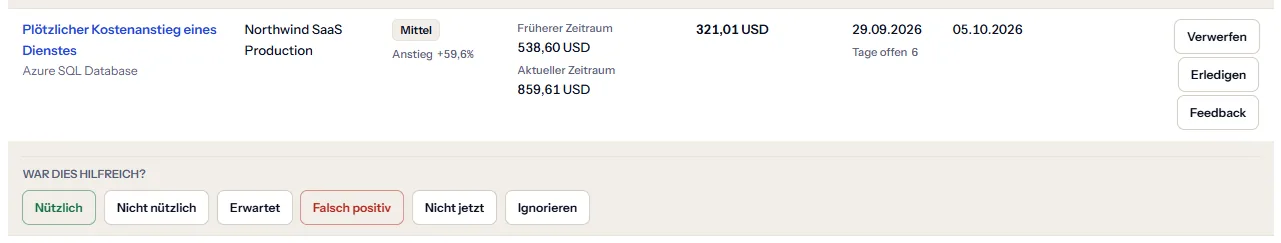 Eine Zeile der Liste der Einsparpotenziale mit ihrem Feedback direkt darunter geöffnet: die Frage, ob sie hilfreich war, und die sechs Antworten, von nützlich bis ignorieren.