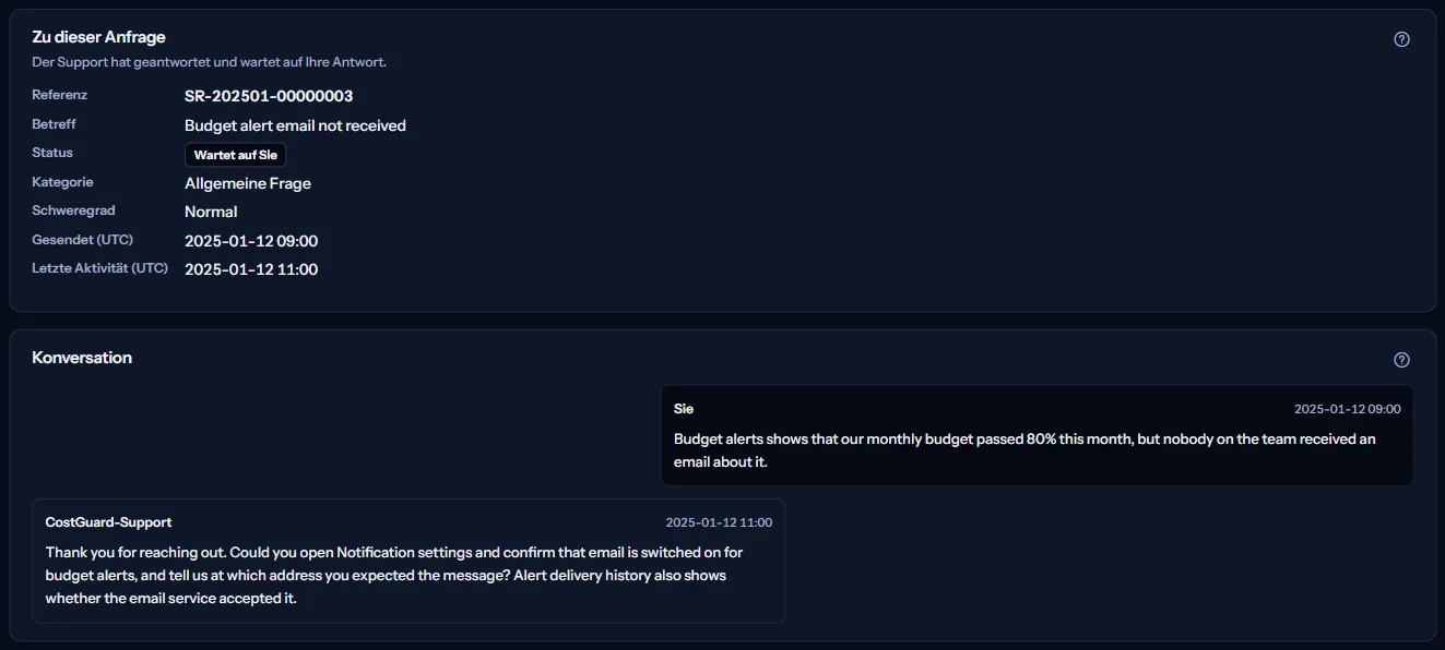 Eine Supportanfrage: der Bereich mit der Bedeutung ihres Status und ihren Angaben, darunter der Verlauf mit dem Supportteam.