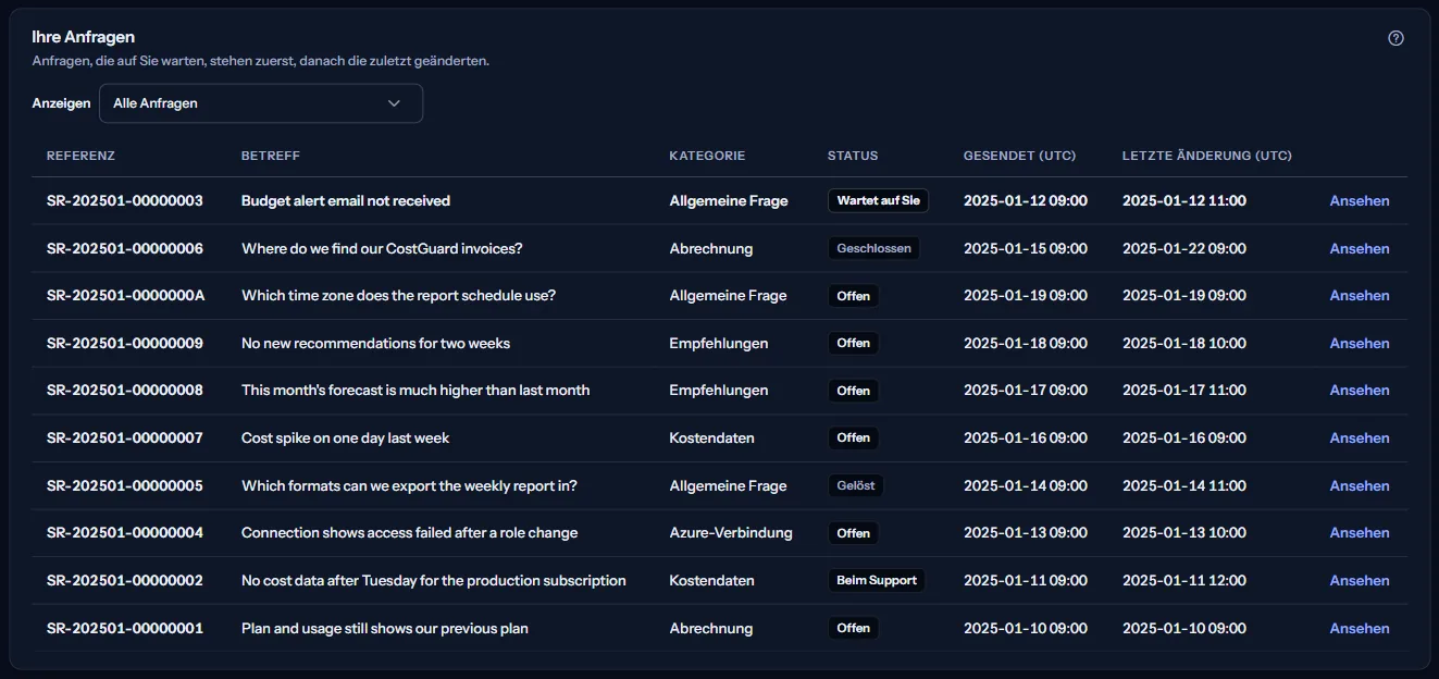 Die Liste der Supportanfragen mit Statusfilter, jede Zeile mit Referenz, Betreff, Kategorie, Status und Daten in UTC.
