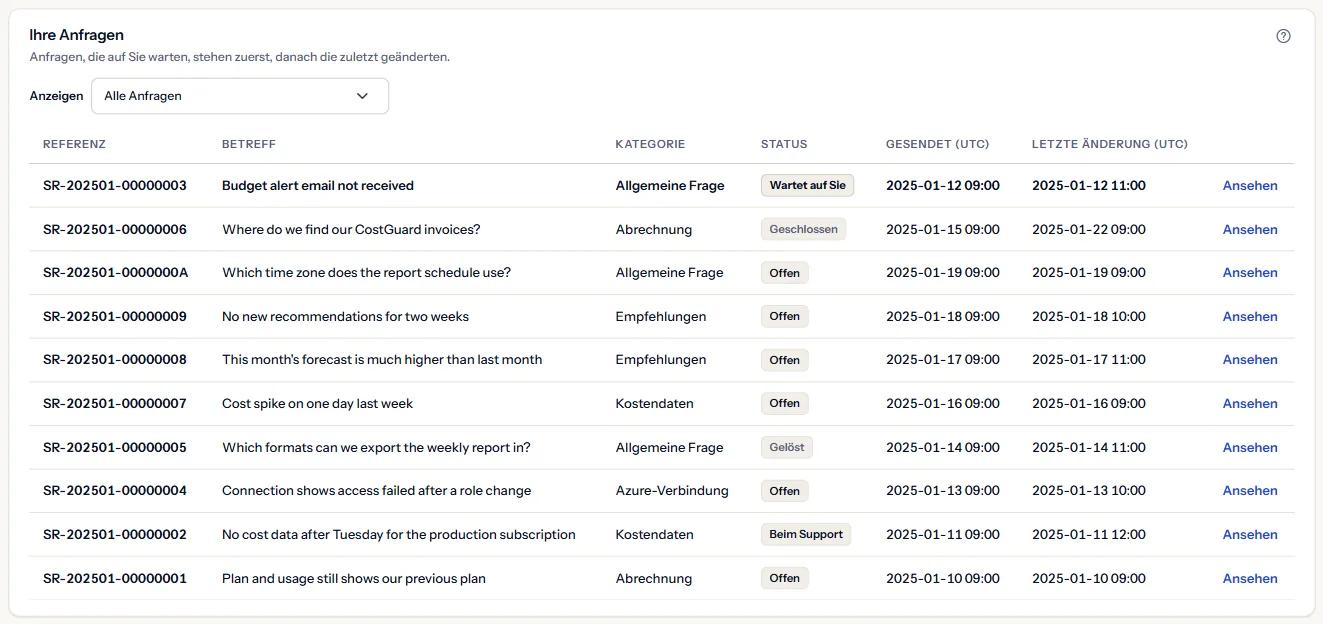 Die Liste der Supportanfragen mit Statusfilter, jede Zeile mit Referenz, Betreff, Kategorie, Status und Daten in UTC.
