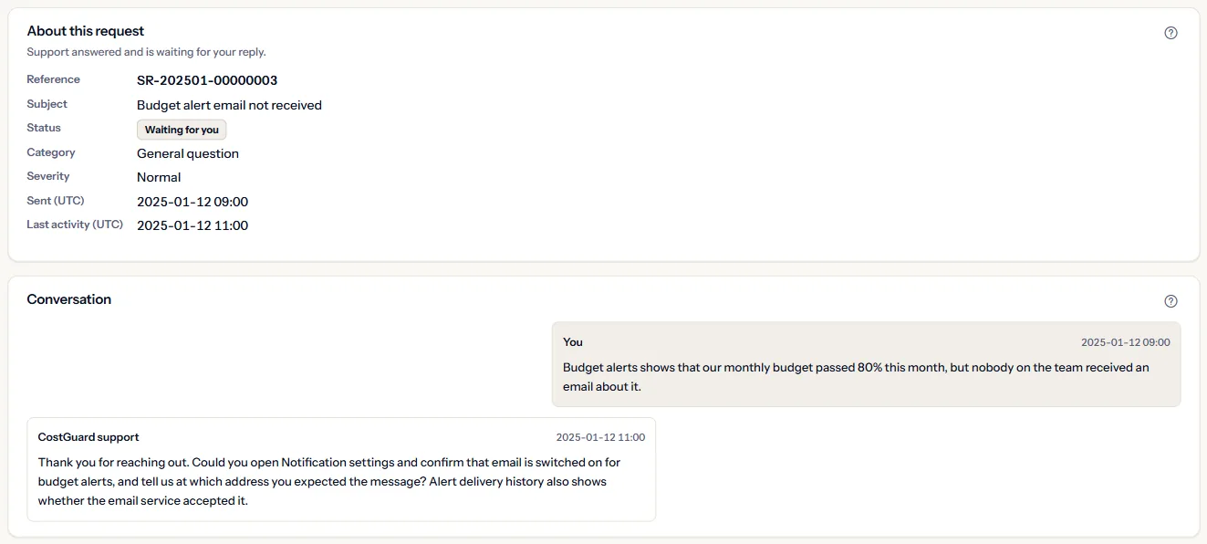 One support request: the panel with what its state means and its facts, and the conversation with the support team.