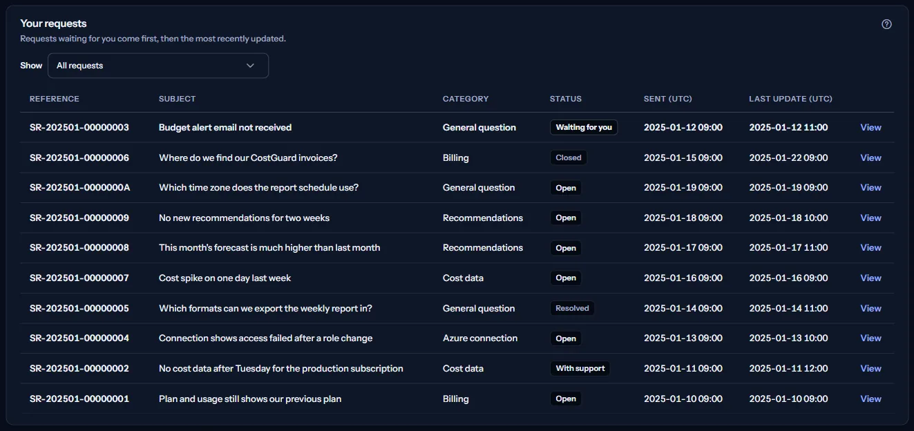 The list of support requests with its state filter, each row with its reference, subject, category, state chip and dates in UTC.