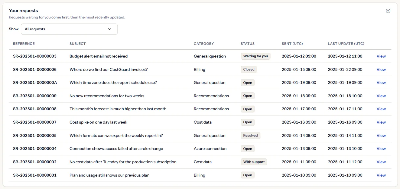 The list of support requests with its state filter, each row with its reference, subject, category, state chip and dates in UTC.