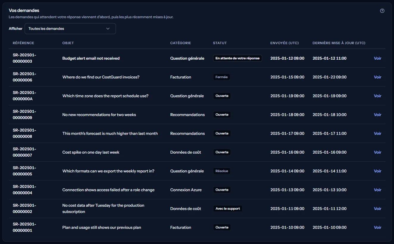 La liste des demandes de support avec son filtre d'état, chaque ligne avec sa référence, son objet, sa catégorie, son état et ses dates en UTC.
