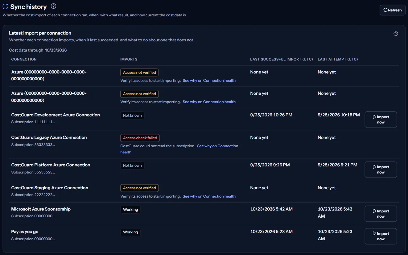 The top of the “Sync history” page and the “Latest import per connection” panel: “Cost data through”, then one row per connection with its state, last successful import, last attempt and “Import now”.