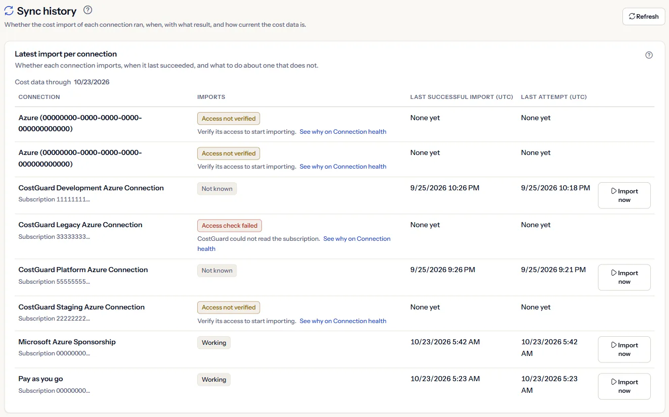 The top of the “Sync history” page and the “Latest import per connection” panel: “Cost data through”, then one row per connection with its state, last successful import, last attempt and “Import now”.