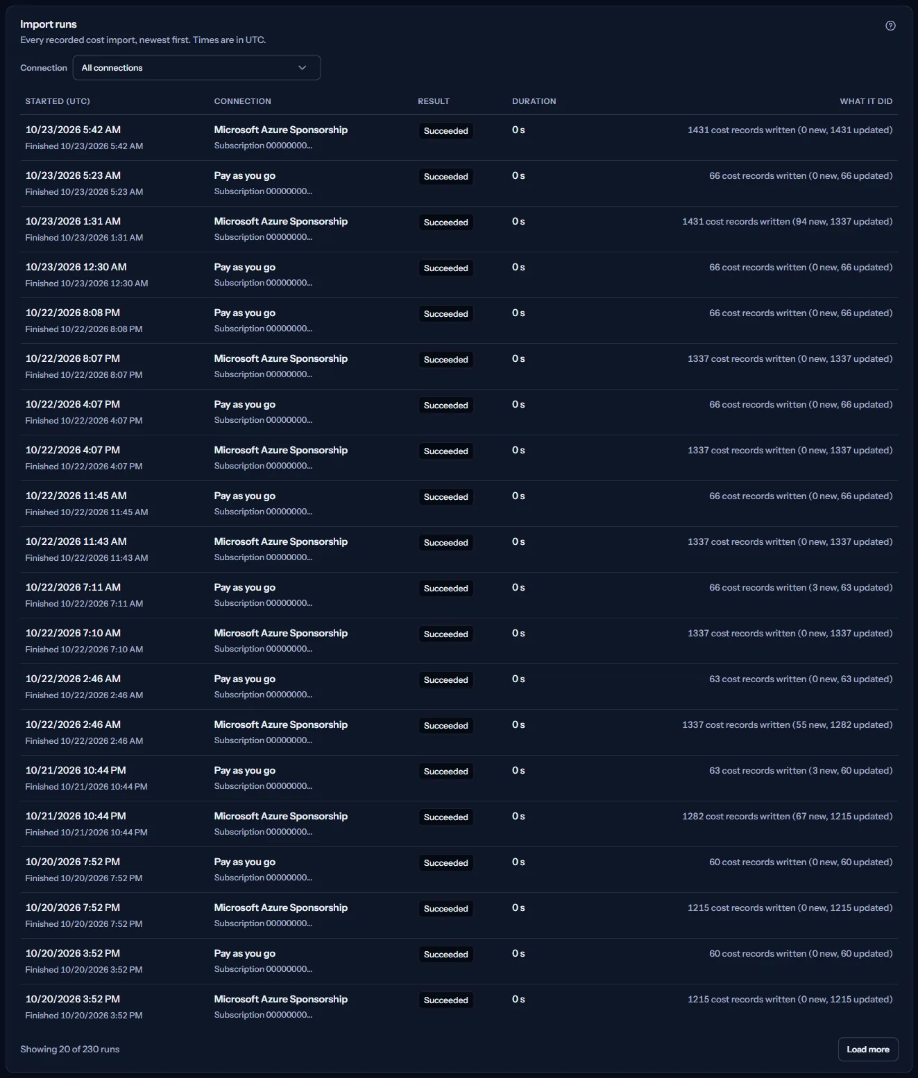 The “Import runs” panel with the “Connection” filter and the runs, newest first, each with its start time, result, duration and what it did.