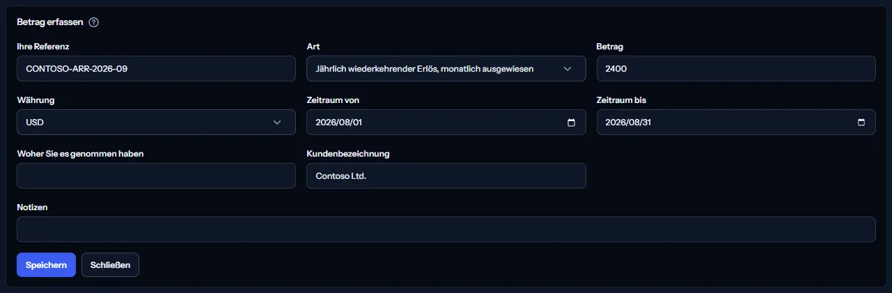 Das Formular zum Erfassen eines Betrags, geöffnet über dem Register: Felder für Referenz, Art, Betrag, Währung, ersten und letzten Tag des Zeitraums, Herkunft, Kundenbezeichnung und Notizen, mit den Schaltflächen zum Speichern und Schließen.
