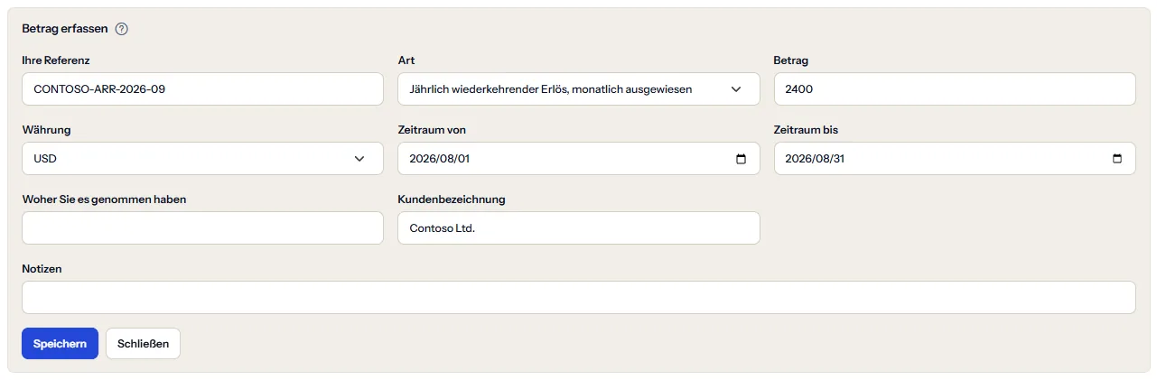 Das Formular zum Erfassen eines Betrags, geöffnet über dem Register: Felder für Referenz, Art, Betrag, Währung, ersten und letzten Tag des Zeitraums, Herkunft, Kundenbezeichnung und Notizen, mit den Schaltflächen zum Speichern und Schließen.
