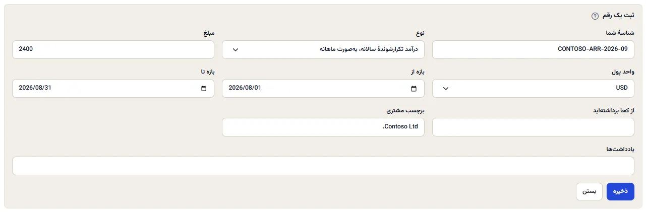 فرم ثبت یک رقم، باز در بالای دفتر درآمد: فیلدهای شناسه، نوع، مبلغ، ارز، نخستین و آخرین روز بازه، منبع رقم، برچسب مشتری و یادداشت‌ها، با دکمه‌های ذخیره و بستن.