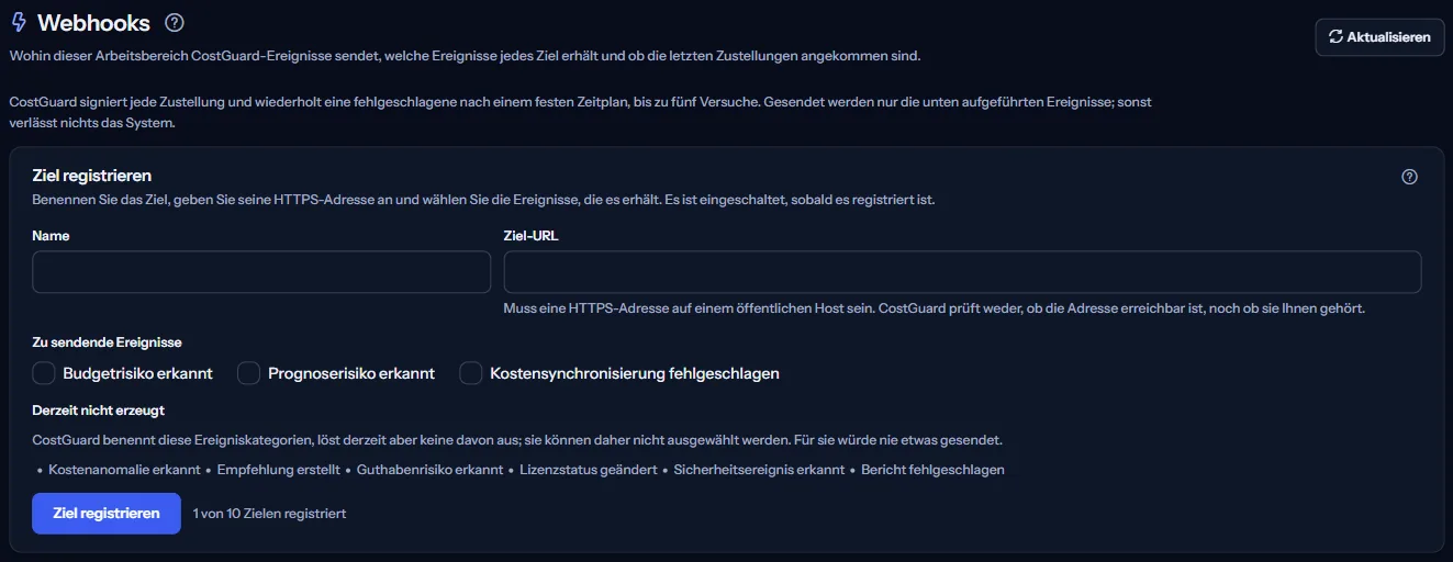 Der obere Teil der Seite „Webhooks“: die Überschrift, der Hinweis zur Zustellung und der Bereich zum Registrieren eines Ziels mit Name, HTTPS-Adresse und zu sendenden Ereignissen.