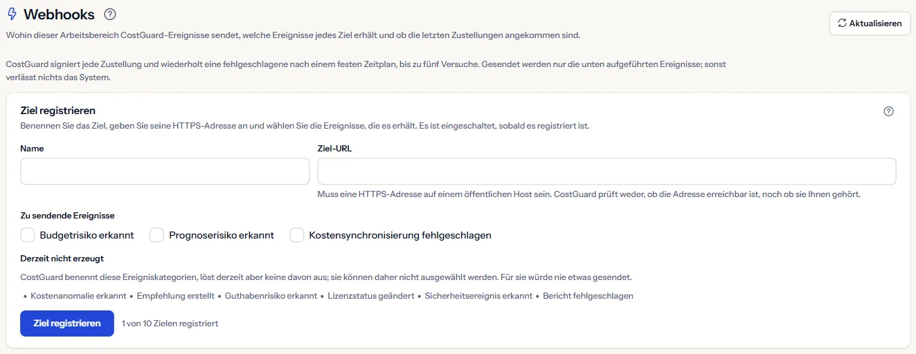 Der obere Teil der Seite „Webhooks“: die Überschrift, der Hinweis zur Zustellung und der Bereich zum Registrieren eines Ziels mit Name, HTTPS-Adresse und zu sendenden Ereignissen.