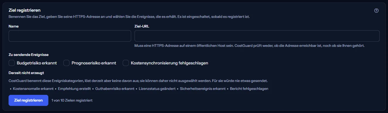 Der Bereich „Ein Ziel registrieren“: die Felder für Name und Ziel-URL, die drei wählbaren Ereignisse und die Kategorien, die nicht erzeugt werden.