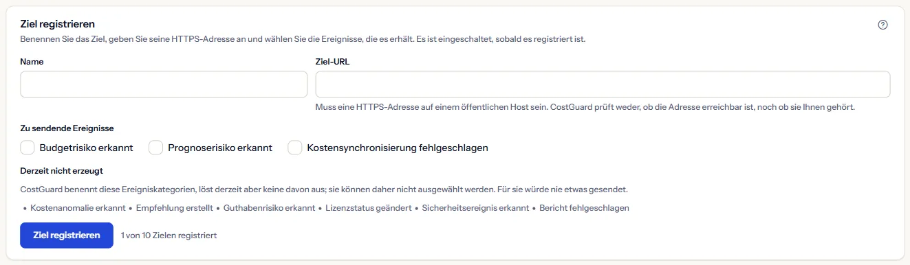 Der Bereich „Ein Ziel registrieren“: die Felder für Name und Ziel-URL, die drei wählbaren Ereignisse und die Kategorien, die nicht erzeugt werden.