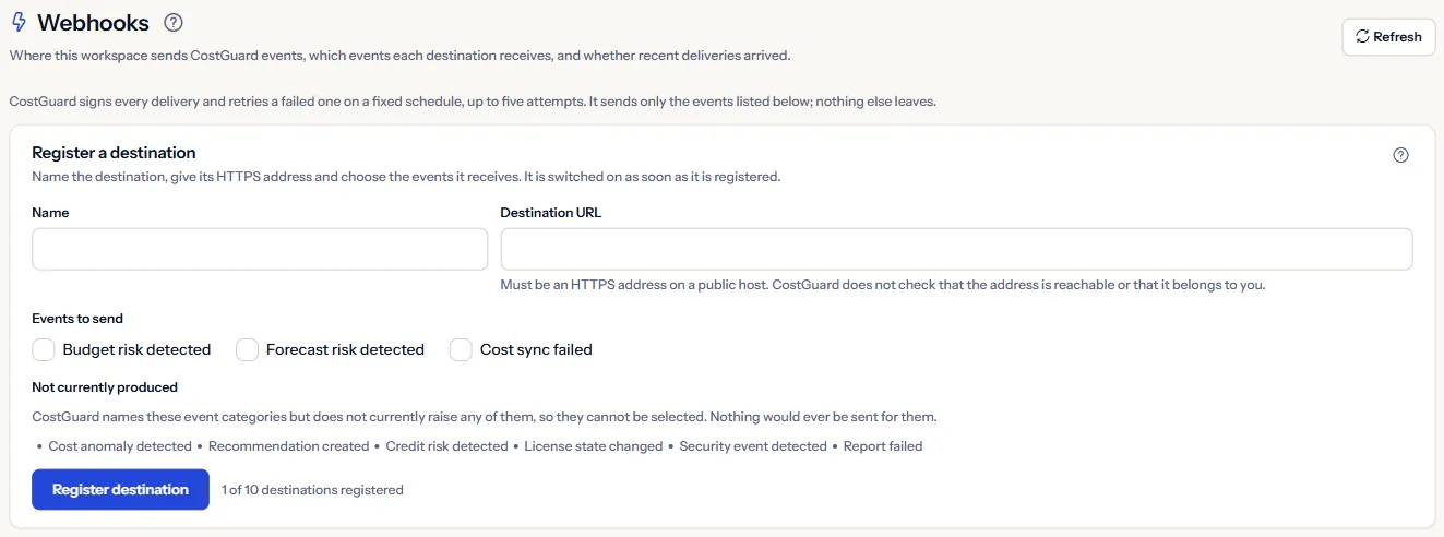 The top of the Webhooks page: the heading, the delivery note and the panel to register a destination with its name, its HTTPS address and the events to send.
