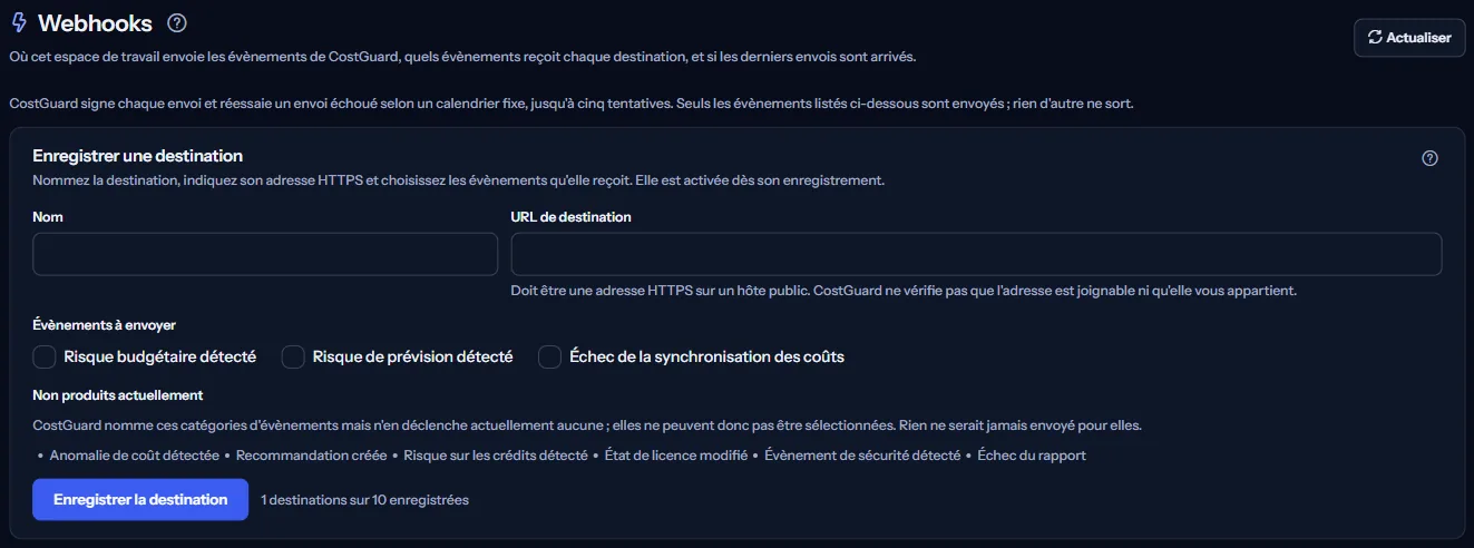 Le haut de la page Webhooks : le titre, la remarque sur les livraisons et le panneau d'enregistrement d'une destination avec son nom, son adresse HTTPS et les événements à envoyer.