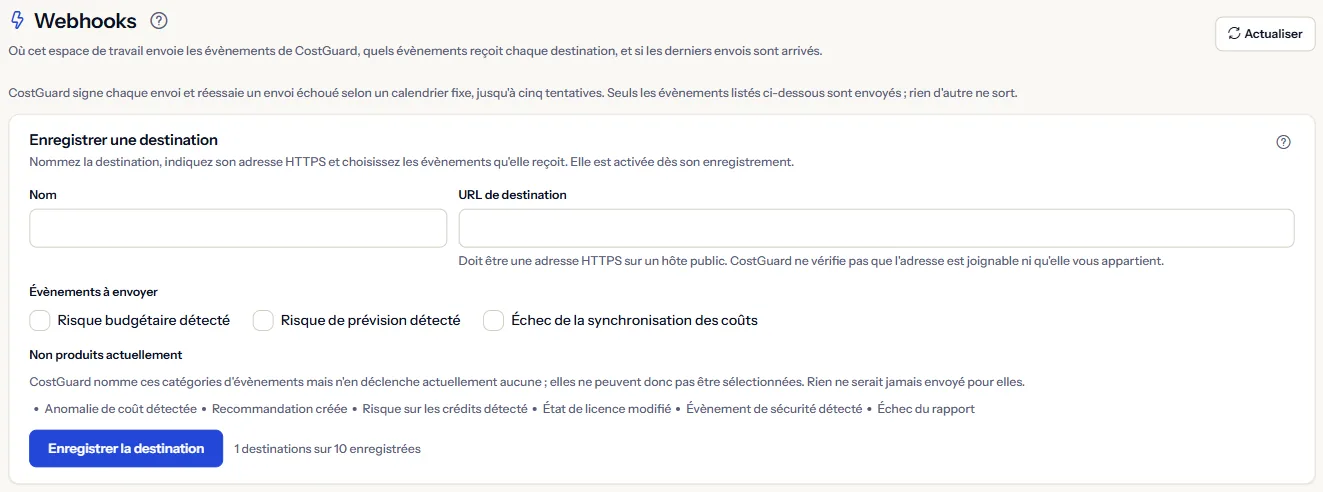 Le haut de la page Webhooks : le titre, la remarque sur les livraisons et le panneau d'enregistrement d'une destination avec son nom, son adresse HTTPS et les événements à envoyer.