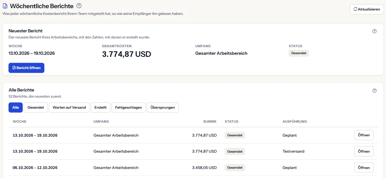 Der obere Teil der Seite Wöchentliche Berichte: die Überschrift, der neueste Bericht mit Woche, Gesamtkosten, Abdeckung und Status, und der Anfang der Liste aller Berichte.