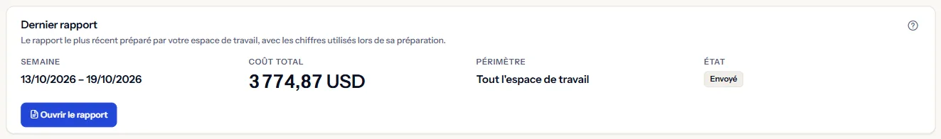 Le panneau du dernier rapport : la semaine du rapport, son coût total en dollars américains, l'espace de travail entier comme couverture, le statut Envoyé et un bouton pour ouvrir le rapport.