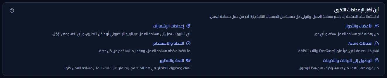 قائمة الصفحات التي تُغيَّر فيها إعدادات مساحة العمل الأخرى، لكل منها سطر يقول ما تملكه.