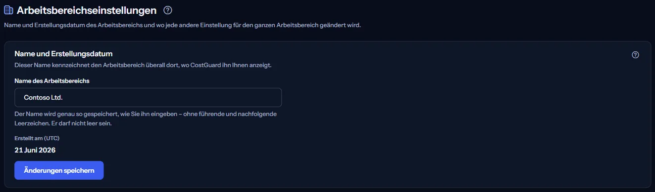 Der obere Teil der Seite Arbeitsbereichseinstellungen: der Name des Arbeitsbereichs in einem bearbeitbaren Feld, das Erstellungsdatum in UTC und die Schaltfläche zum Speichern.