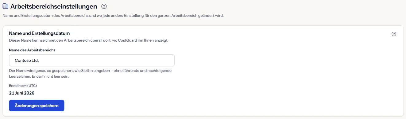 Der obere Teil der Seite Arbeitsbereichseinstellungen: der Name des Arbeitsbereichs in einem bearbeitbaren Feld, das Erstellungsdatum in UTC und die Schaltfläche zum Speichern.
