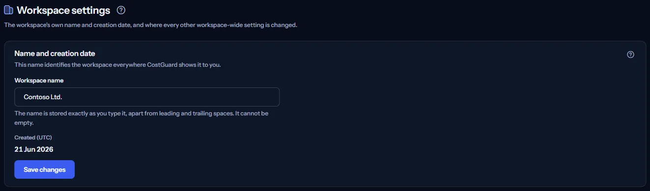 The top of the Workspace settings page: the workspace name in an editable field, the creation date in UTC and the Save changes button.