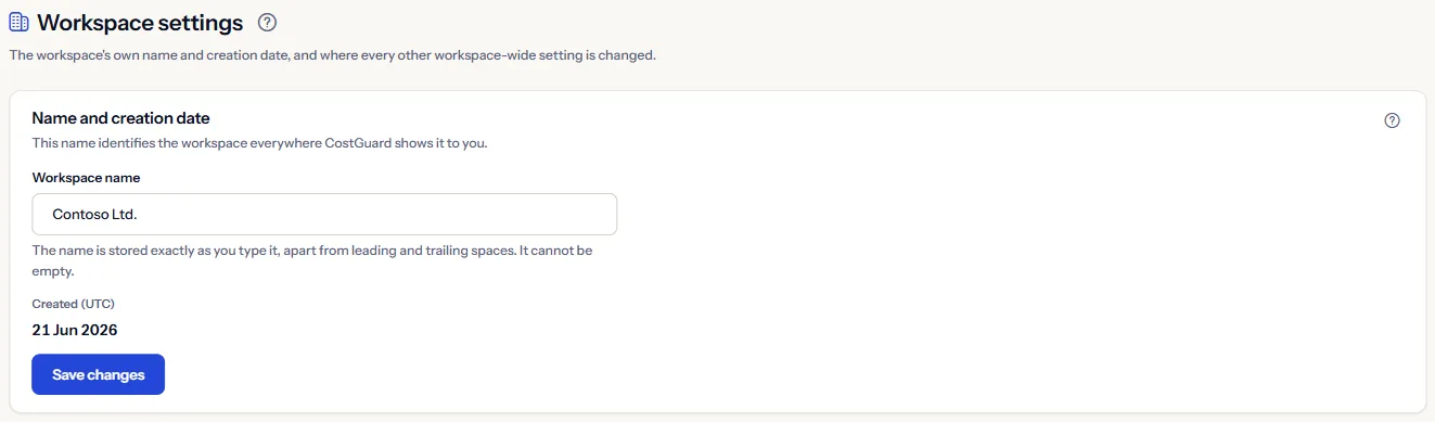 The top of the Workspace settings page: the workspace name in an editable field, the creation date in UTC and the Save changes button.