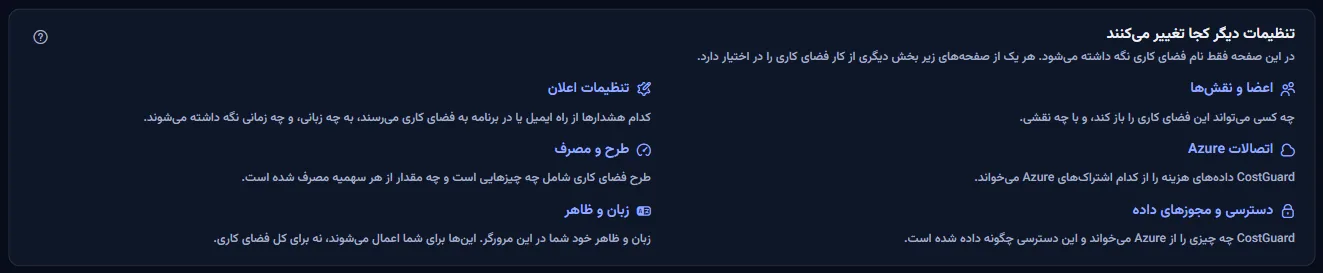 فهرست صفحه‌هایی که دیگر تنظیمات فضای کاری در آن‌ها تغییر می‌کند، هر کدام با یک خط درباره آنچه در اختیار دارد.