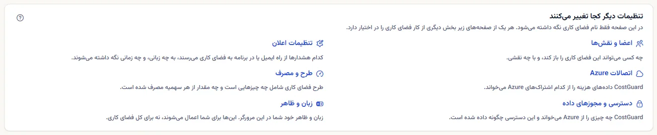 فهرست صفحه‌هایی که دیگر تنظیمات فضای کاری در آن‌ها تغییر می‌کند، هر کدام با یک خط درباره آنچه در اختیار دارد.