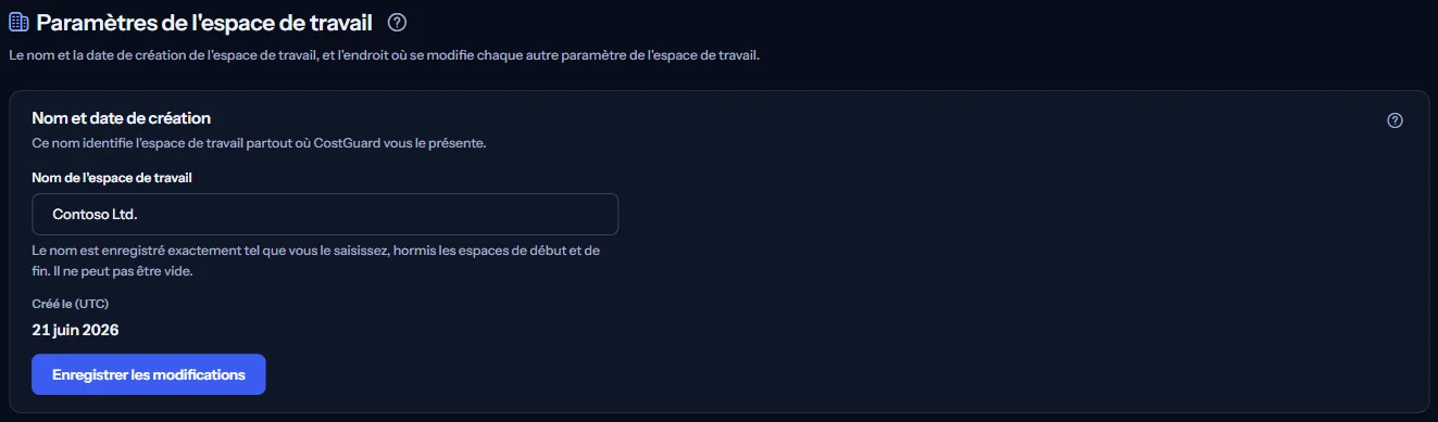 Le haut de la page Paramètres de l'espace de travail : le nom de l'espace de travail dans un champ modifiable, la date de création en UTC et le bouton d'enregistrement.