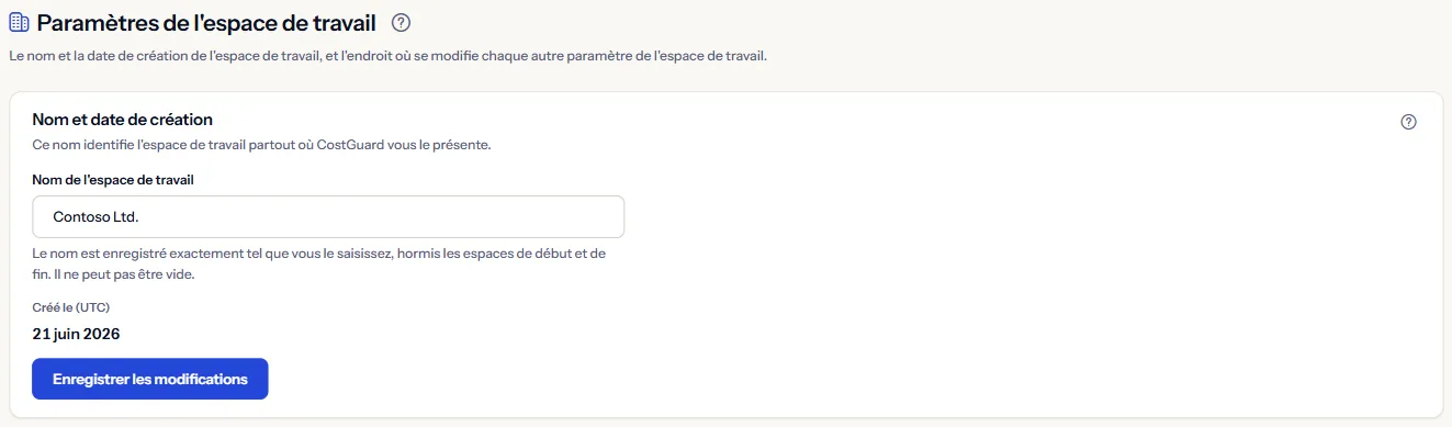 Le haut de la page Paramètres de l'espace de travail : le nom de l'espace de travail dans un champ modifiable, la date de création en UTC et le bouton d'enregistrement.